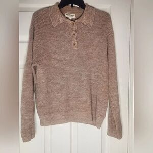 Vtg Norm Thompson PM Beige White Long Sleeve Polo LINEN Blend Women’s Sweater